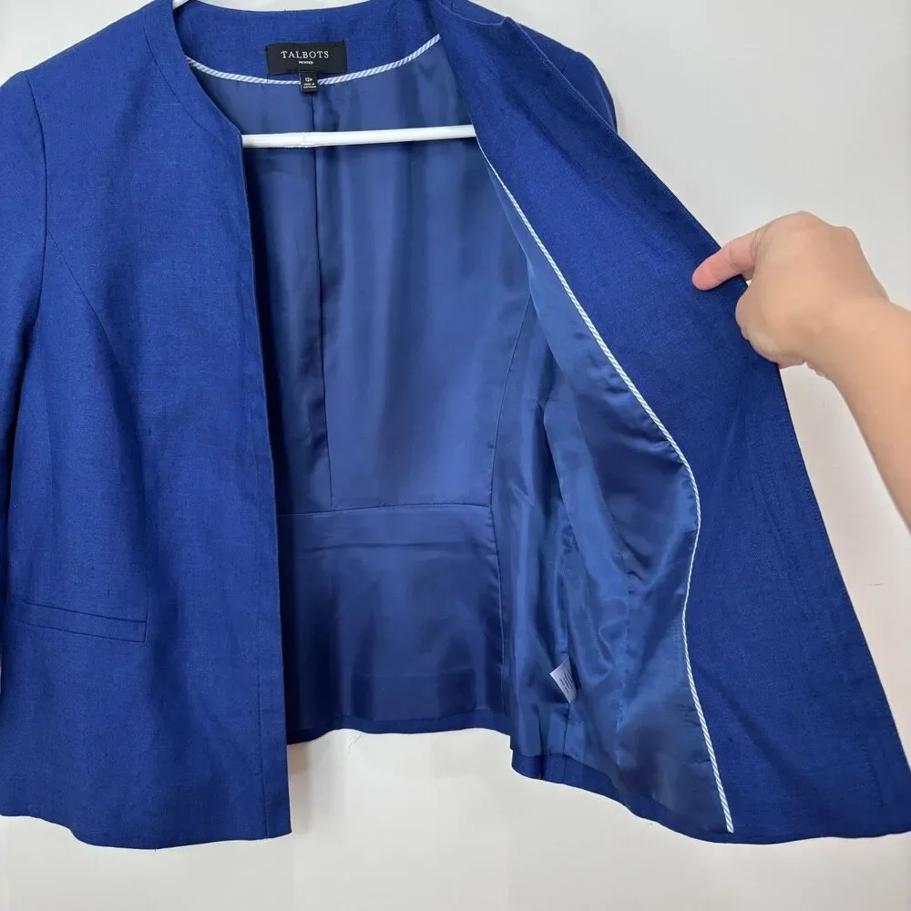 Talbots 100% Linen Blazer Jacket 12p Cobalt Blue Open Front Career Lightweight